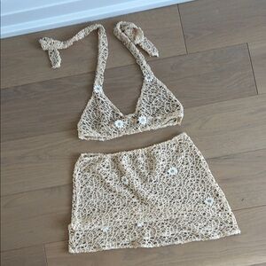 Crochet Halter Top and Skirt Set in Cream
